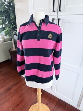 Lauren Ralph Lauren Pink and Navy Striped V-Neck Rugby Sweater